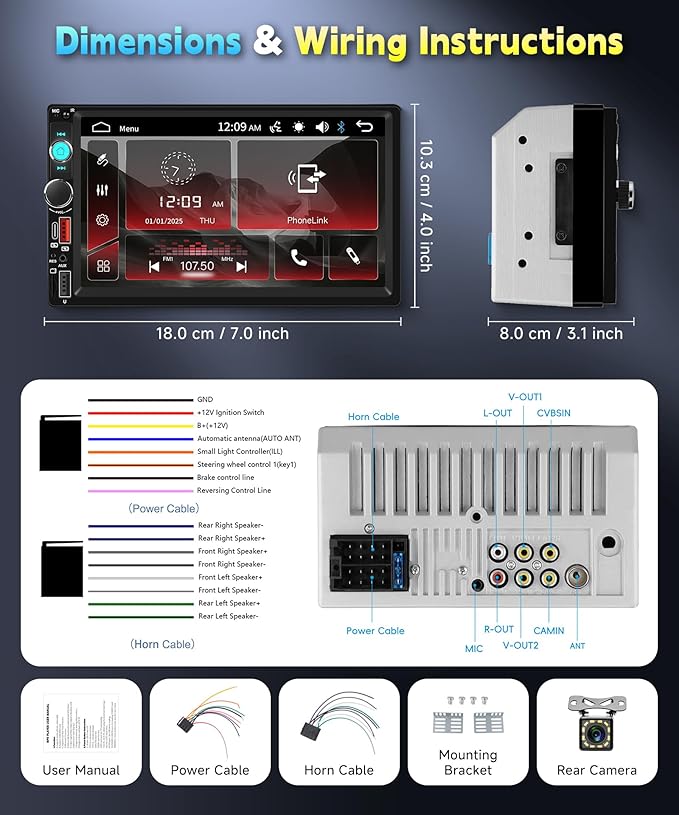 Car Stereo Double Din Radio, 7 inch Touch Screen Radio Car Audio Receivers, 2 Din Bluetooth Stereo, Mirror Link, FM EQ SWC USB Backup Camera Type-C Fast Charging