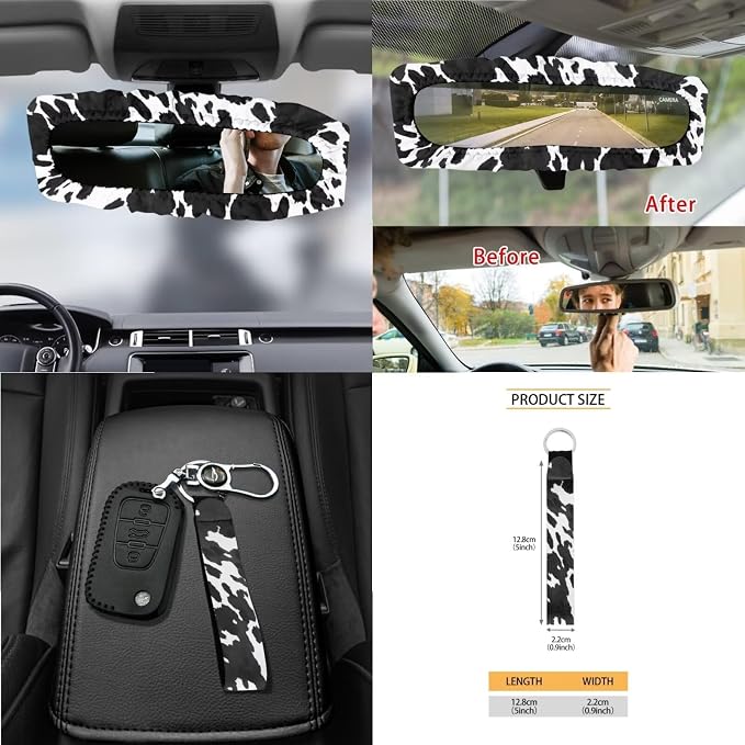 Wanyint Black Cow Print Car Seat Cover Split Covers for Women Men, Car Steering Wheel Cover Seat Belt Strap Pad Trash Bag Mount Phone Holder Rearview Mirror Accessories Cup Holder Key Chain, 15 PCS