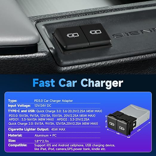 90W Car Charger USB c Dual Port Adapter Center Console Socket for Toyota Rav4 Fast Charging (Lid Type-C (45W)+USB (45W))