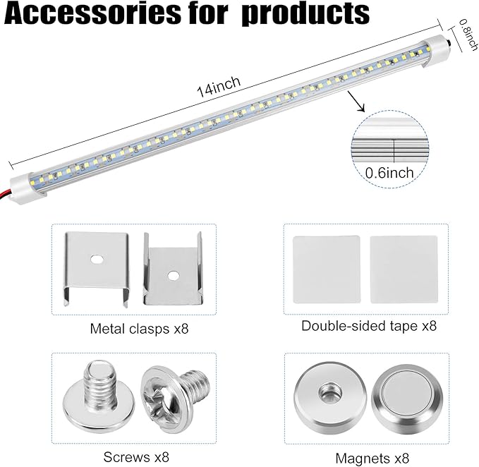 Rifachua Car 12V Interior LED Light Bar 48 LEDs Strip Lights with Switch and Magnets 6500K White Light for Car Van RV Cabinet Showcase Indoor Room Home 4 PCS Extendable