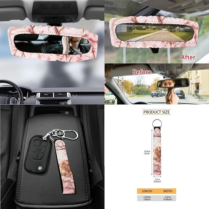 Highland Cattle Cherry Blossom Pattern Car Accessories Set of 15, Full Set Seat Covers Steering Wheel Cover Seat Belt Cushion Car Trash Can Air Vent Storage Bag Cup Coasters