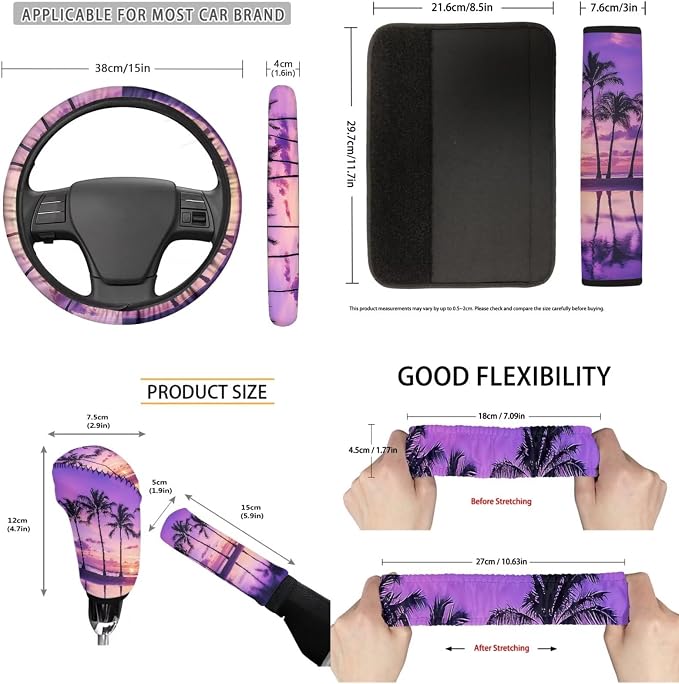 Palm Trees Sunset 11 Pack Car Seat Covers Sets Car Front Seat Cover Auto Seat Belt Cover Rear View Mirror Cover Cup Coasters Keychain Holder Universal Fit Most Cars SUV