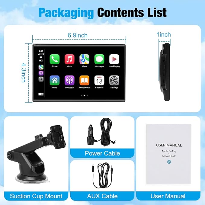 7 inch Carplay Screen for Car - Supports Wireless Apple Carplay & Android Auto, Portable Touchscreen with Bluetooth, Navigation, Voice Control, Mirror Link,Universal for All Cars (Black)