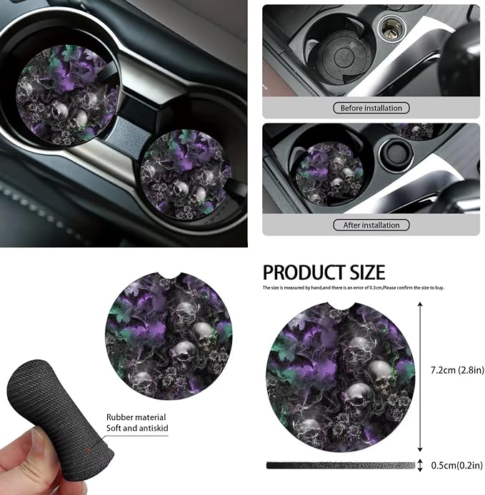 Goth Skull Car Seat Covers Full Set 15 Pcs Universal Car Accessories Steering Wheel Cover Seat Belt Pads Garbage Bag Car Headrest Pillow Covers Armrest Pad
