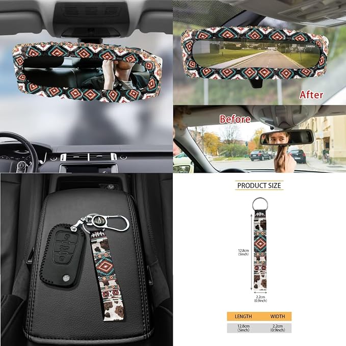 Wanyint Car Seat Covers Set for Women, with Steering Wheel Rear View Mirror Cover Seat Belt Pads Trash Bin Sunglass Pocket Coasters Key Chain Car Accessories, 15 PCS Set, Aztec Navajo Cow Print