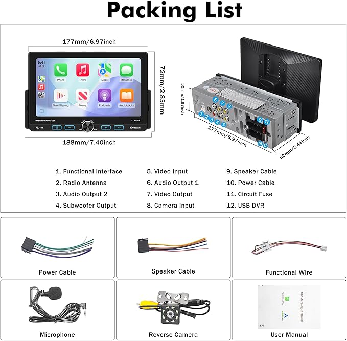 7" Single Din Touchscreen Radio, Floating Car Stereo with Wireless Apple CarPlay & Android Auto,30° Adjustable HD IPS Touchscreen,FM/AM,Bluetooth 5.2,USB & Type-C,MIC,Physical Knob, Backup Camera