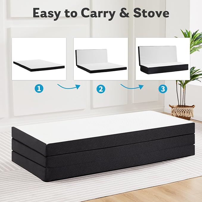 Tri-Fold Full Memory Foam Pads, 3 inch Folding Topper with Washable Cover, Portable Non-Slip Guest Floor Bed for Camping Travel – Ideal for Overnight Guests, RV, and Outdoor Adventures