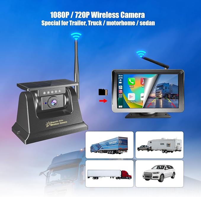 Wireless Solar Bluetooth Back up Rear View Camera for Truck,7" Apple Carplay Android Auto Touch Screen Monitor,Solar Magnetic Reverse Camera for Truck RV Cargo Trailer Camper Pickup
