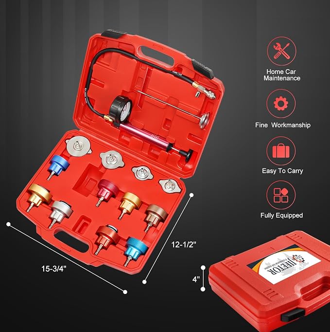 JIFETOR 14PCS Radiator Pressure Tester Tool Kit with Aluminium Pump and Metal Adapters, Red