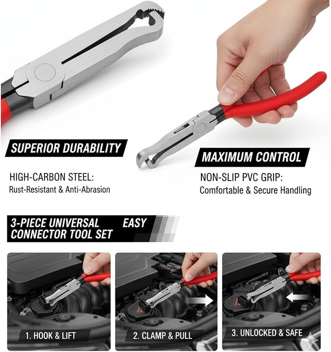 Electrical Disconnect Pliers, Upgrade Electrical Connector Pliers, Automotive Electrical Connector Removal Tool, Automotive Tools for Push Tab Style Plugs (3-Piece Set)