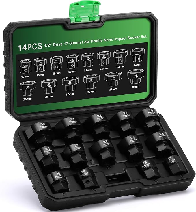 TecoTek 14-Piece 1/2-Inch Drive Metric Low Profile Impact Socket Set, Stubby Socket Set, 17mm - 30mm, No Skips Sizes, 6 Point, Cr-Mo, Shorter Socket for Tight Areas