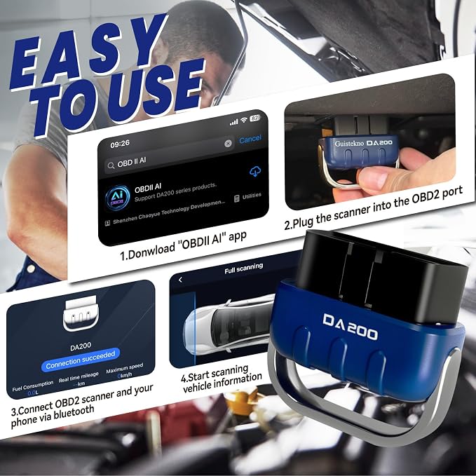 Bluetooth OBD2 Scanner Diagnostic Tool with AI Repair Guides, Wireless OBDII Scan Tool w/Battery Test & Live Data Readiness, Check Engine Light Car Code Reader for iOS & Android w/Free APP