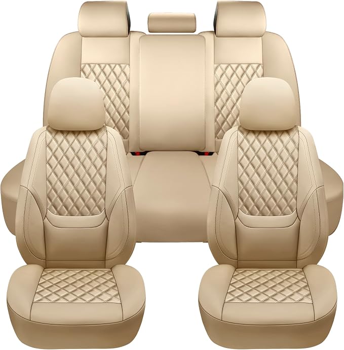 NS YOLO Full Coverage Leather Car Seat Covers Full Set,Waterproof Seat Covers for Cars,SUVs Pick-up Truck, Car Seat Cushion,Car Seat Protector,Beige Seat Cover with 5 Seats