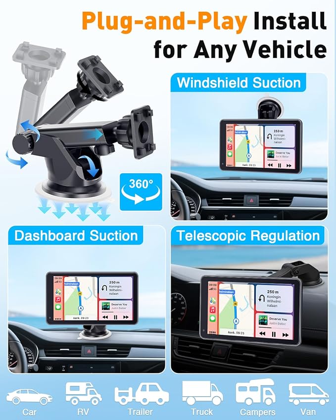 7” Wireless Apple CarPlay & Android Auto Screen - Portable Car Display with AirPlay, Screen Mirroring, FM/AUX Audio, Easy to Install, Convenient Upgrade for Older Cars, Families, Commuters