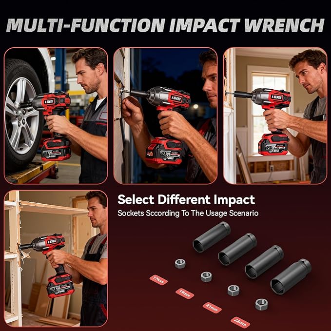 Cordless Impact Wrench 1107Ft-lbs(1500N.m), Brushless High Torque 1/2 Impact Gun with 21V 2x4.0Ah Battery, 3-Mode Speed, Electric Impact Driver with 4 Socket for Home Car Pickup Truck RV Mower