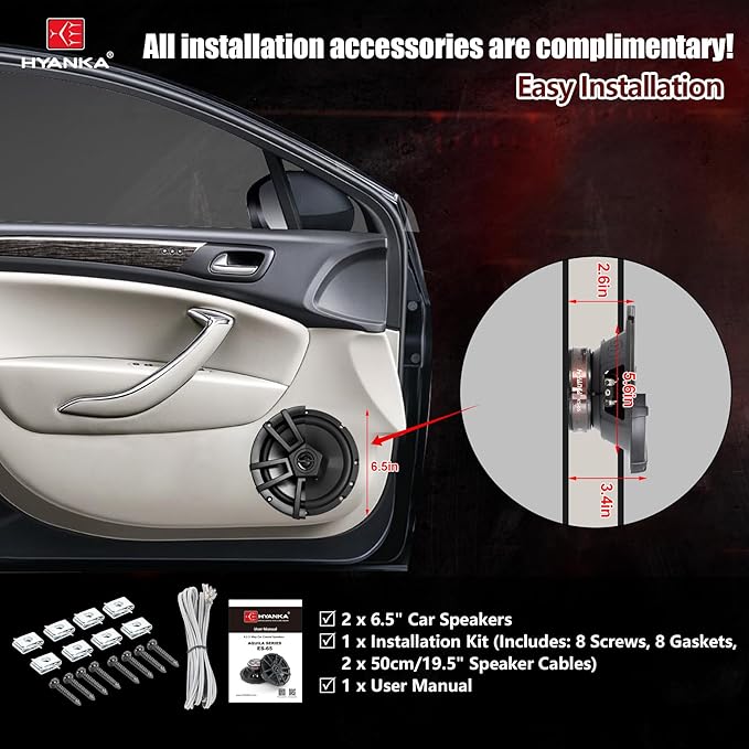 H YANKA ES-65 6.5 Door Speakers, 500 Watts Full-Range Stereo, 2-Way Coaxial Car Speakers, Clear Sound with No Distortion, Includes Installation Kit, Ideal for Cars, Trucks, Jeeps, and More (1 Pair)