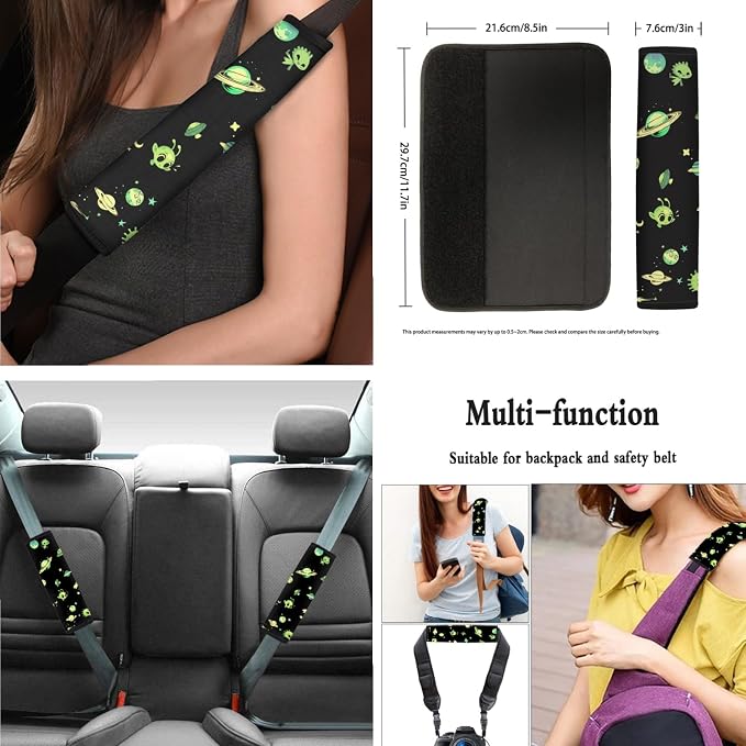 Alien Moon UFO Star 8Pcs Car Accessories Full Set with Seat Cover + Steering Wheel Cove + Seatbelt Pads and Center Console Cover for Women Menl, Universal & Stretchy Fit SUV Truck Sedan Van