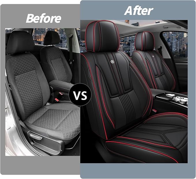 Arazi Fit for 90% of Mercedes-Benz Seat Covers, 360° Full Wrap Original Seat Cover, Waterproof Nappa Leather Seat Covers with Big Space Storage Pocket Seat Protector(2 Seats Standard, Black&Red Line)