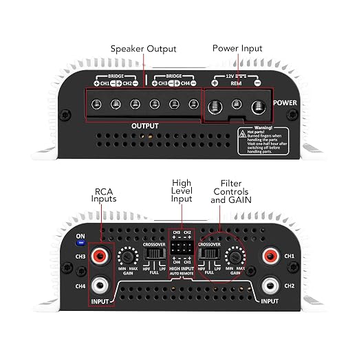 Taramps TS 800x4 1 Ohm Multichannel Stereo Amplifier 800 Watts Rms, 4 Channels, Full Range, Car Audio Amp Digital 2 Bridged Channel, Crossover High/Low Pass, with RCA and Automatic High Level Input