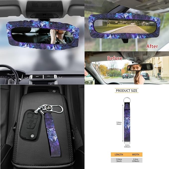 Wanyint Galaxy Wolf Butterfly 15 PCS Car Seat Cover Full Set with Steering Wheel Cover Seat Belt Strap Pads Cup Coasters Trash Bag Air Vent Storage Bag Rearview Mirror Cover Keychain Auto Decoration