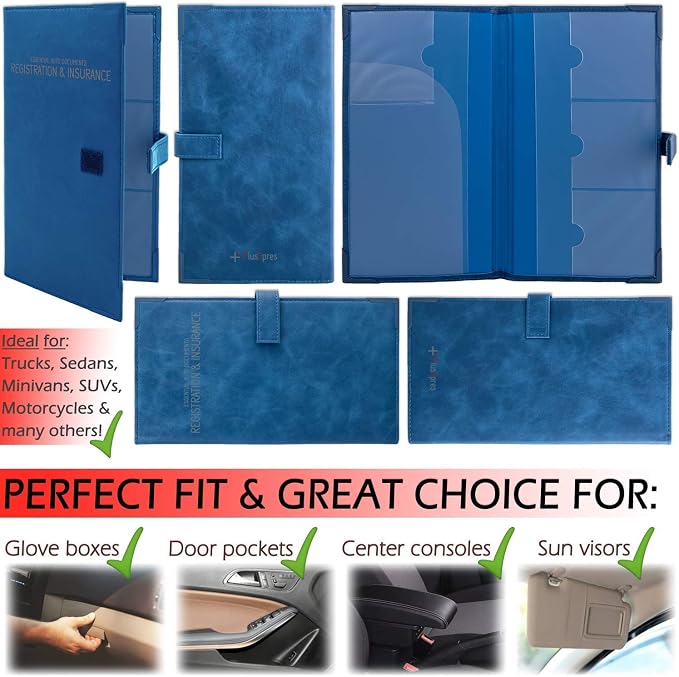PlusXpres Auto Insurance and Registration Card Holder - Vehicle Glove Box Document Organizer - Car Essential Paperwork Holder for DMV, AAA, Contact Information Cards - BROWN + BEIGE + BLUE BUNDLE
