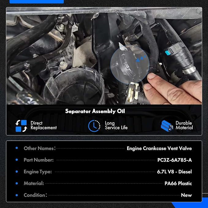 Air Oil Separator Assembly Fit for Ford F250 F350 Super Duty 2023-2024 OR 2011+ 6.7L Powerstroke Diesel - PCV CCV Filter Vent Valve Engine Crankcase - Replace PC3Z-6A785-A, PC3Z6A785A