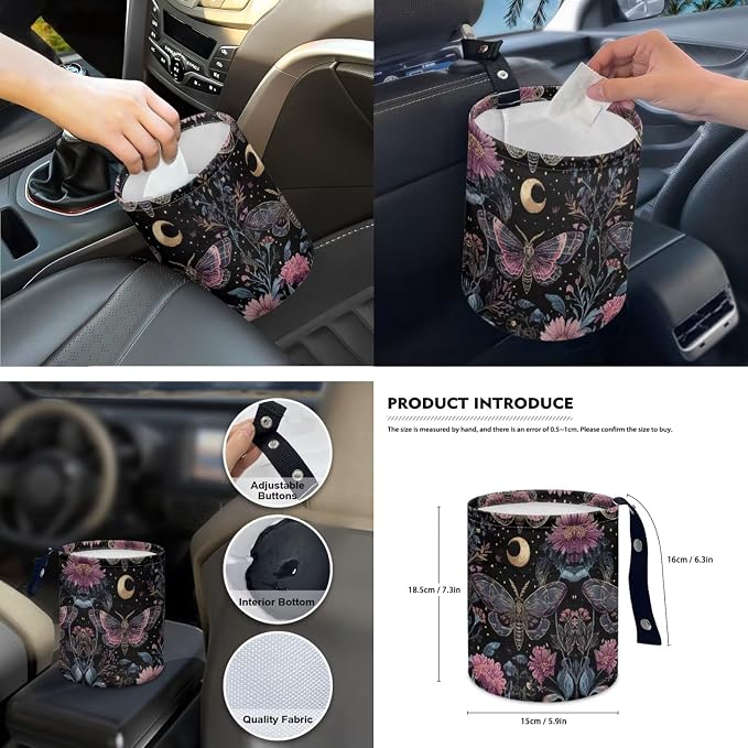 Goth Moon Moth 15 PCS Car Seat Cover Set, with Steering Wheel Seat Belt Cover Rear View Mirror Cover Coaster Trash Cans Keychain Universal Fit