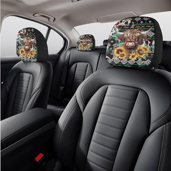 Wanyint Aztec Highland Cow Sunflower Car Seat Cover Full Set Pack of 11, with Steering Wheel Cover Car Coasters Shift Knob Handbrake Protector Coasters Headrest Auto Interior Accessories Decoration