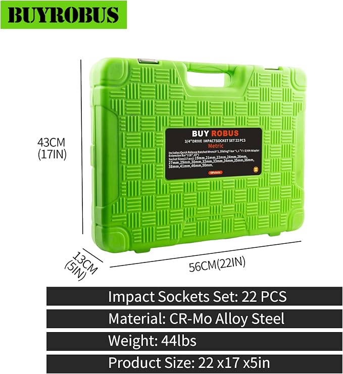 22PCS 3/4" Impact Socket Set, 6-Point Metric (19mm-50mm), Cr-Mo Steel Set with Adapters, Quick Release Ratchet Wrench, Andextension Rod Durable Storage Case