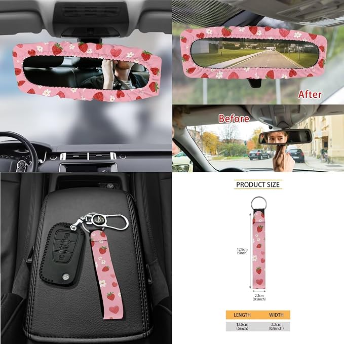 Strawberry Flower Print Car Seat Covers Front and Back Full Set with Steering Wheel Cover Safety Belt Pads Inside Rearview Mirror Protector Garbage Bag Cup Coasters and Keychain