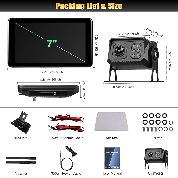 7 Inch Wireless Backup Camera for Car Truck Monitor Digital Signal Stable Front/Rear View Cameras Night Vision IP68 Waterproof for Truck/Car/Pickup/SUV/Tractors/Bus