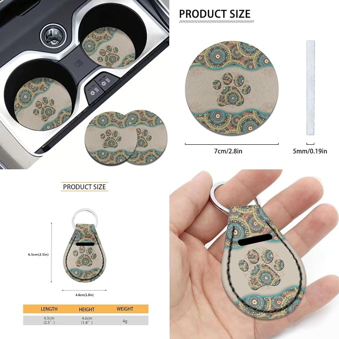 Suobstales Boho Mandala Print Car Accessories for Women Men Dog Paw Seat Covers for Car, Trucks, SUV Full Set Interior Cover Seat Protectors with Steering Wheel Cover,Seat Belt Pads,Coaster,Keychains