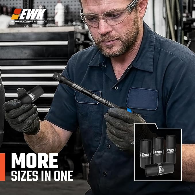EWK 9-Piece 1/2 Inch Drive Thin Wall Flip Lug Nut Impact Socket and Torque Stick Set, 17x19mm 21x22mm 3/4x13/16 7/8x15/16, 80 100 120 150 Ft-lbs Torque Limiting Extensions for Wheel Service