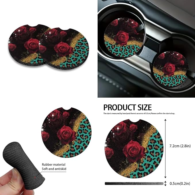 Rose Leopard Pattern Car Accessories Sets 10 Pack Elastic Front Rear Bench Bucket Seat Cover Steering Wheel Cover Car Trash Can Auto Air Vent Storage Coaster and Keychain