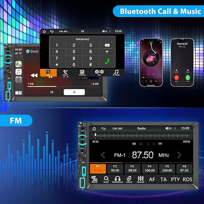 Double Din Car Stereo Radio Support Apple Carplay Android Auto, 7 inch HD Touchscreen Double Din Radio with Bluetooth, Car Audio Receivers, MirrorLink, FM Radio