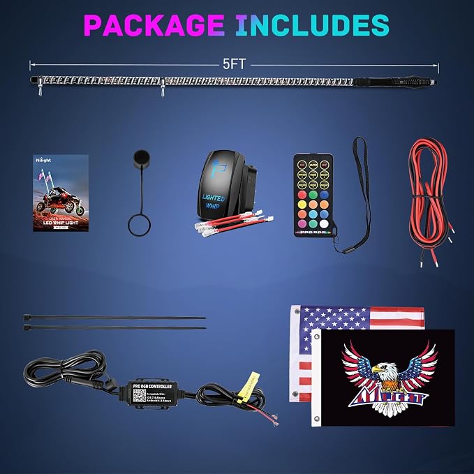 Nilight LED Whip Light 1 PC 5FT COB RGB Spiral Lighted Antenna with Spring Base, Bluetooth App & Remote Control DIY Chasing Patterns & Music Sync Safety Whips for ATV UTV RZR Polaris Can-Am Truck