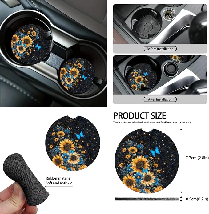 Sunflower Butterfly Daisy Print Car Seat Covers Full Set, Car Accessories Set of 13, Universal Fit Steering Wheel Cover + Safe Belts Cover + Coasters with Notch for Trucks SUV Van