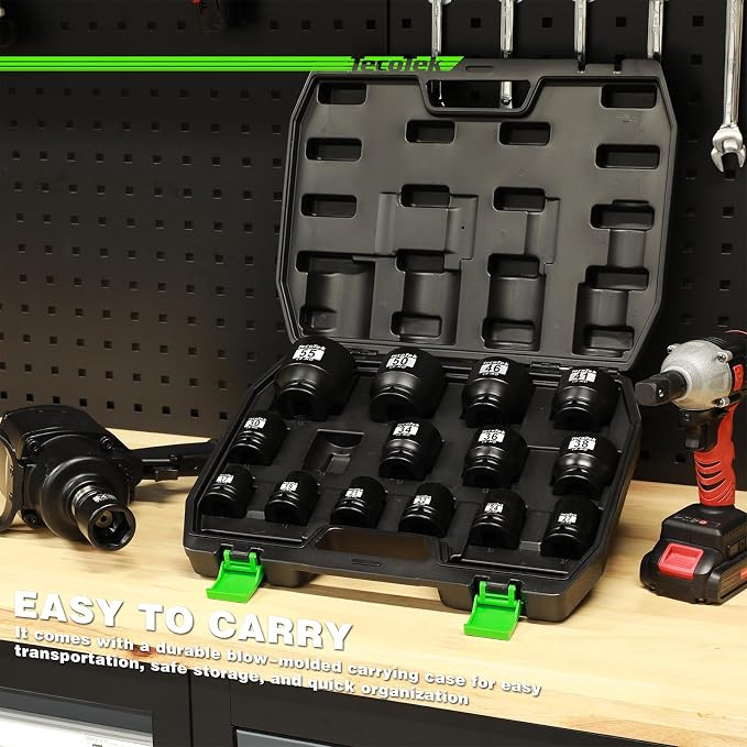 TecoTek 3/4" Drive Shallow 6-Point Impact Socket Set, 15-Piece Heavy Duty Impact Socket Set, CR-MO, Metric (17mm to 55mm), Enhanced Storage Case