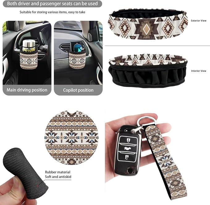 Dreaweet Aztec Car Seat Covers Full Set Native American Tribal Geometric Pattern Seat Covers with Steering Wheel Covers Seat Belt Pads Coaster Trash Can Air Vent Holder Rear View Mirror Cover Keychain