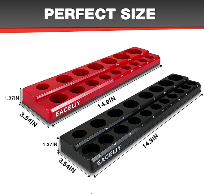 EACELIY 1/2" Magnetic Socket Organizer Set, 2-Piece SAE & Metric Socket Holder Kit,,Tools tray, holds 35 Deep and Shallow 1/2" Sockets, attaches to steel box/tool cart (sockets not included)