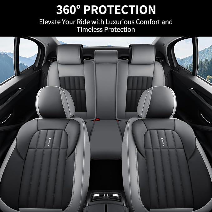 FLORICH Seat Cover, Leather Car Seat Covers Full Set, Waterproof Car Seat Protectors 5 Seats, Front and Rear Seat Covers for Cars, Automotive Seat Protector Fit for Most Sedans SUV Truck - GrayBlack