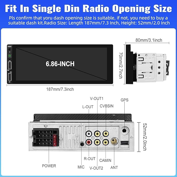 Single Din Car Stereo with Apple CarPlay Andriod Auto Bluetooth-5.0 Handsfree, 6.86" HD Touchscreen,1 Din Car Audio Receivers wtih EQ Mirror Link FM Radio USB Fast Charge,SWC+Backup Cam