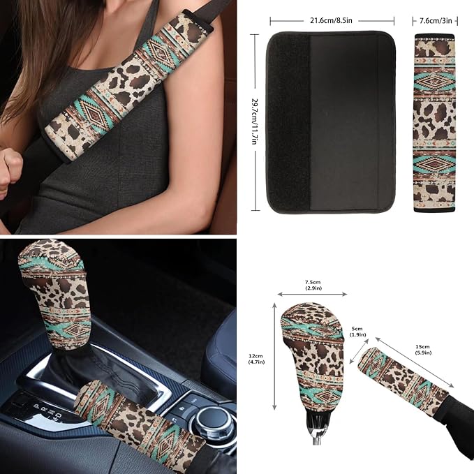 Wanyint Aztec Cow Print Retro Car Accessories Set 12 PCS, Front and Back Car Seat Covers Steering Wheel Cover Seat Belt Pad Armrest Cover Coasters Handbrake Gear Shift Cover Fit for Most Vehicles