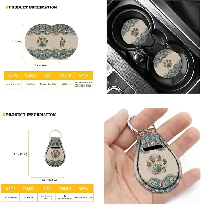 Suobstales Boho Car Accessories for Women Men Dog Paw Print Seat Covers for Car, Trucks, SUV Full Set Interior Cover Seat Protectors with Steering Wheel Cover,Seat Belt Pads,Coaster,Keychains