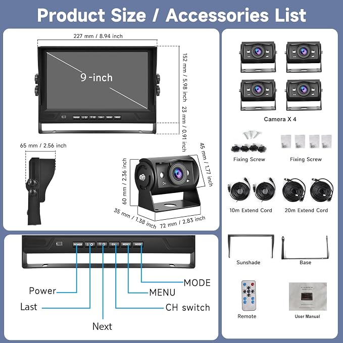 4 Channel 9 inch IPS Backup Camera System with Monitor for Tracks,RVs,Tractors, Bus, CementTruck, HD 1080P Wired Reverse Camera Waterproof Night Vision 4 Cameras Support Recording, Plug and Play