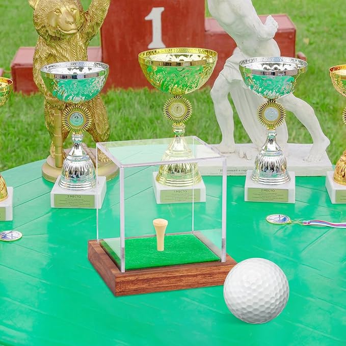 2 Pack Clear Acrylic Golf Ball Display Case with Wood Base & Tee, Memorabilia Stand Cube Holder, Dust Protection Transparent Storage Box for Single Ball Souvenir Golfball Collections