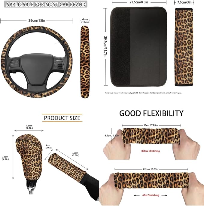 Brown Leopard Print 11 Pack Car Seat Covers Full Set Car Front Seat Cover Auto Seat Belt Cover Rear View Mirror Cover Steering Wheel Cover for Car SUV Seat Protector