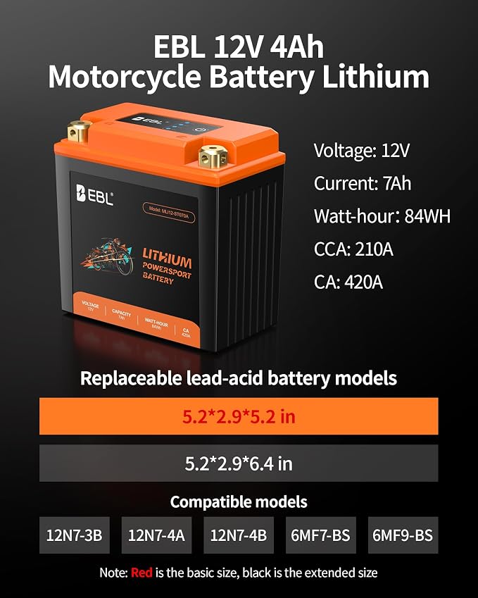 EBL Lithium LiFePO4 Motorcycle Battery 12V 7Ah, 210CCA, ATV, UTV, Jet Ski, 4 Wheeler, Quad, Riding Lawn Mower, Tractor, Scooter, PWC, Seadoo, Polaris and Generator Battery