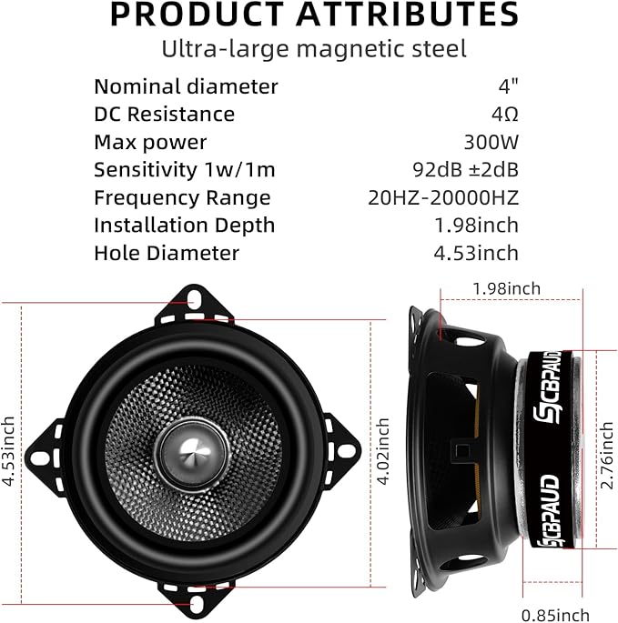 Upgrade 4" Car Speakers 300W Peak Power - High-Performance Carbon Fiber Cone Woofers, Bullet Head Design for Clear Bass & Stereo Sound - Suitable for Cars, Trucks, SUV, Home Theater, DIY(2-Pack)