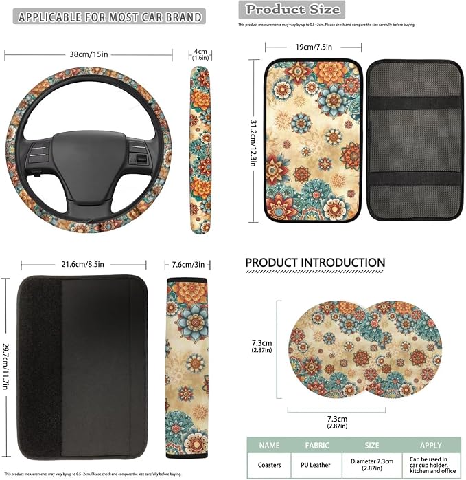 Bulopur Boho Dahlia Floral Vehicle Seat Covers Full Set with 15 Inch Steering Wheel Cover Center Console Cushion Seat Belt Covers Coasters Automotive Interior Decor Set 14 PCS